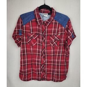 Harley Davison Women's 2X red plaid with blue Denim accents and logo on back